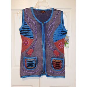 Rising International Vest Women's Small Multicolor Floral Peace Sign Embroidered